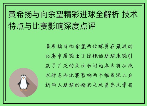 黄希扬与向余望精彩进球全解析 技术特点与比赛影响深度点评