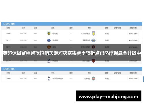 英超保级赛程警报拉响关键对决密集赛季转折点已然浮现悬念升级中 英超保级赛程警报拉响关键对决密集赛季转折点已然浮现悬念升级中